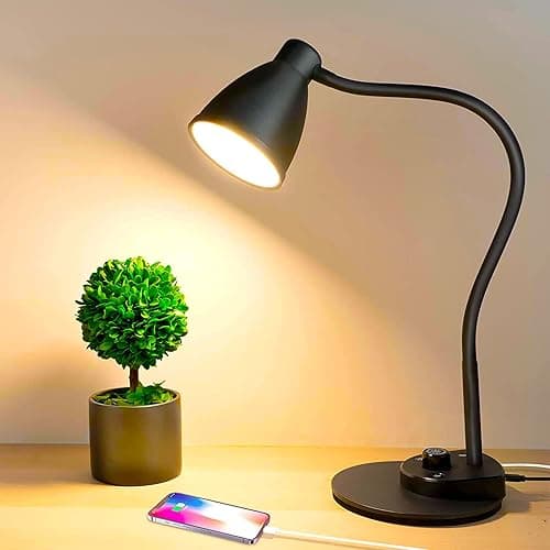 BOHON LED Desk Lamp with USB Charging Port 3 Color Modes Dimmable Reading Light Intelligent Induction Auto Dimming Task Lamp Flexible Gooseneck Table Lamp for Bedside Office, AC Adapter Include - Matt Black