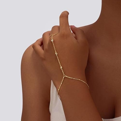 Bracelets for Women,14K Gold/Silver Plated Dainty Hand Chain Bracelets Trendy Ring Chain Bracelet Charm Gold Cuff Bangle Stackable Bracelets Fashion Body Jewelry Adjustable Waterproof Gifts for Her - Three Zircon-GD thumbnail 4