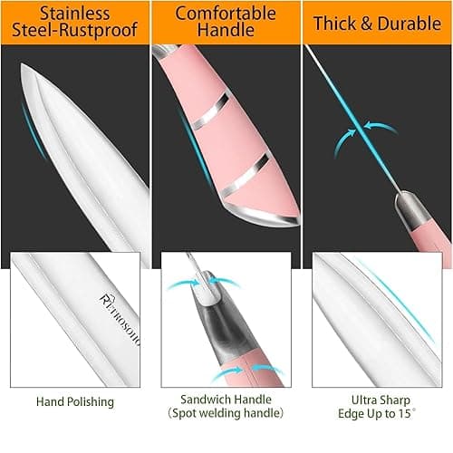 Kitchen Knife Set, Retrosohoo 9-Pieces Pink Sharp Non-Stick Coated Chef Knives Block Set,Stainless Steel Knife Set for Kitchen with Sharpener for Cutting Slicing Dicing Chopping (Pink) thumbnail 7