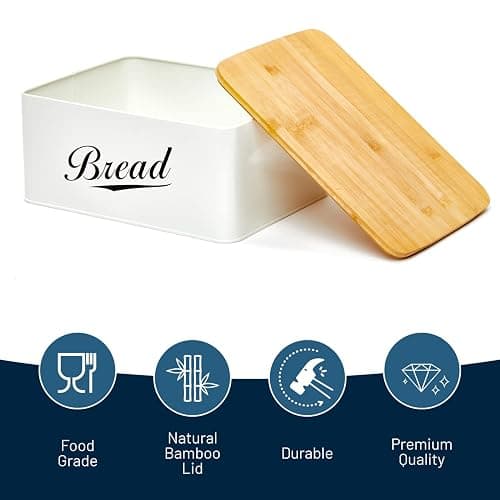 RoyalHouse Modern Metal Bread Box with Bamboo Cutting Board Lid, Bread Storage Container for Kitchen Counter, Vintage Kitchen Decor Organizer thumbnail 5