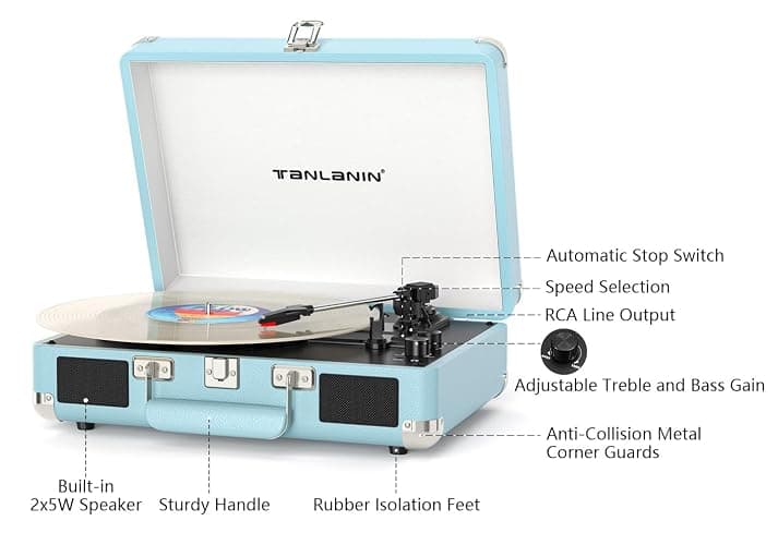 Bluetooth Suitcase Record Player with Built‑in Speakers, Bass & Treble Control, 3‑Speed Belt‑Drive Turntable with Auto‑Stop, RCA & AUX Output, Portable Vinyl Player for 33 45 78RPM LPs thumbnail 11
