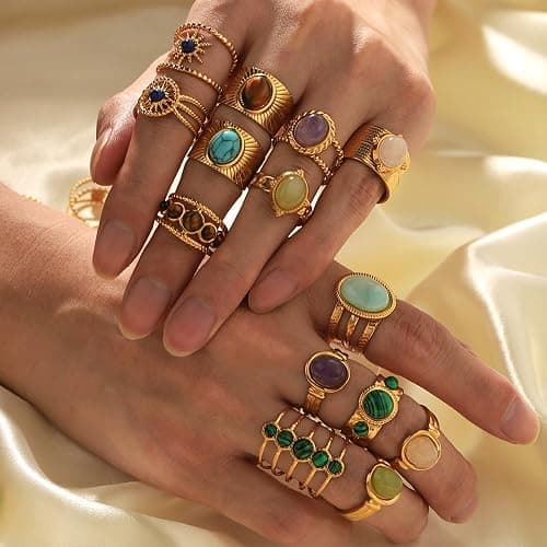 Dikixe Boho Western Turquoise Ring, Oval Turquoise Gemstone December Birthstone Open Adjustable Statement Ring, Gold Plated Stainless Steel Stackable Rings for Women thumbnail 8