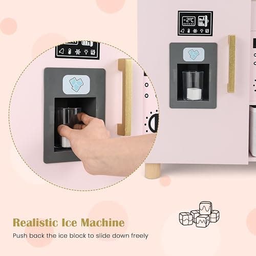 INFANS Kids Kitchen Playset, Toddler Wooden Pretend Cooking Toy Set with Acrylic Drawing Board Ice Machine Dishwasher Cloth Drawer Stove Removable Sink Simulation Play Kitchen for Boys Girls thumbnail 6