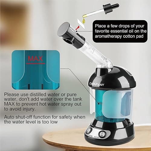 Facial Steamer - DENFANY Nano Ionic Face Steamer with Extendable 360° Rotating Arm - Portable Facial Steamer for Personal Care at Home or Salo （Black） thumbnail 8