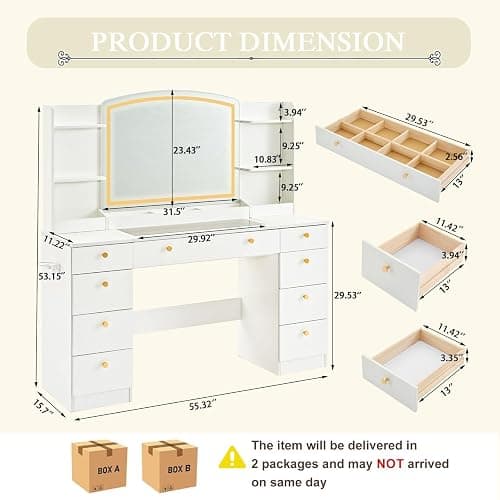 DalyLuxa 55" Vanity Desk with Mirror and Lights, Makeup Vanity with Power Outlet, White Vanity with 9 Drawers & 6 Storage Shelves for Bedroom thumbnail 2