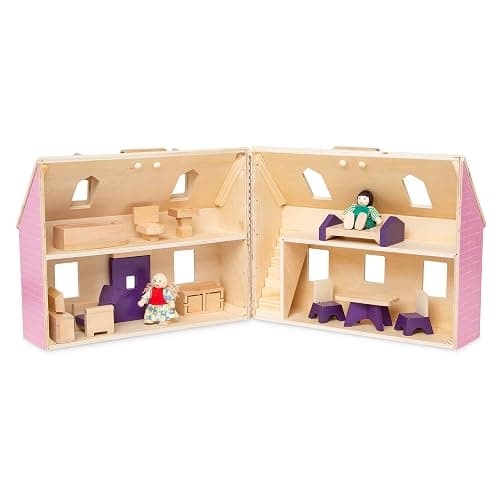 Melissa & Doug Fold & Go Wooden Dollhouse with 2 Dolls and 11 Pieces of Furniture - Portable Mini Doll House with Accessories and Toy Figures, Ages 3+ thumbnail 5