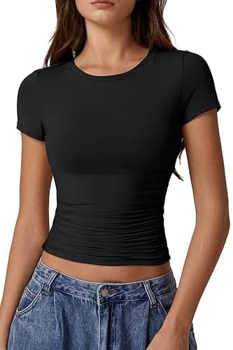 QINSEN Short Sleeve Shirts for Women Round Neck Basic Double Lined Tees Fitted Y2k Crop Tops - Image 1