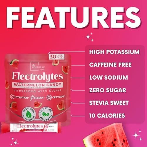 Zero Sugar Watermelon Candy Electrolytes Powder Packets (30 Pack) - All Natural Ingredients, Caffeine Free Energy for Refreshing Hydration - Vegan, Keto, Paleo Sugar Free Electrolytes Powder No Sugar thumbnail 9