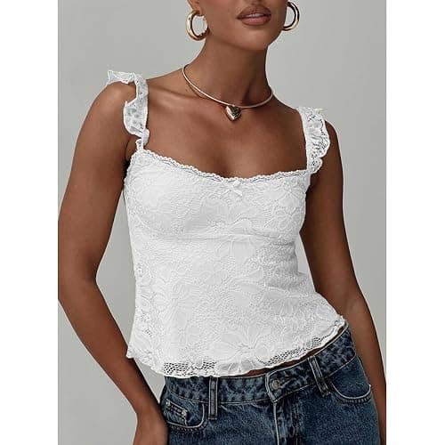 Women Y2k Lace Trim Tank Tops Teen Girl Fairycore Sleeveless Solid Going Out Streetwear Summer Crop Camisole thumbnail 2