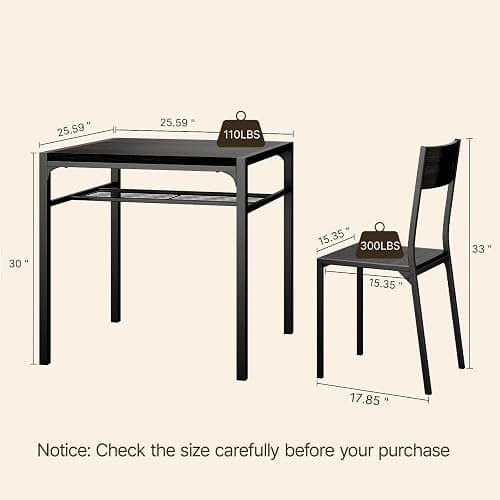 Gizoon Dining Table Set for 2, 3 Piece Kitchen Table with 2 Chairs for Small Space, Apartment, Kitchen, Dining Room, Space-Saving thumbnail 2