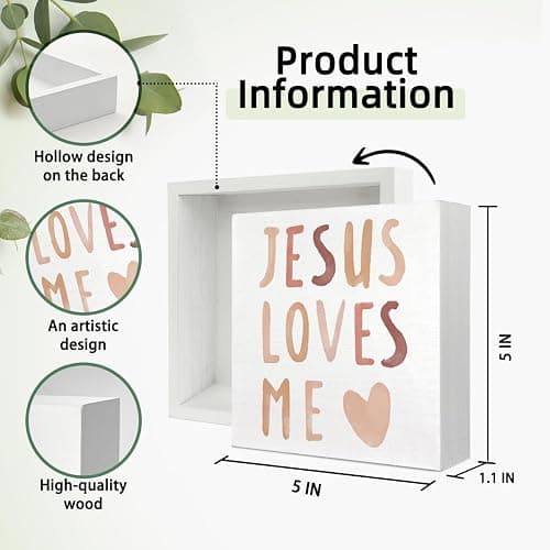FLVGE Baby Girls Nursery Decor - Jesus Loves Me Christian Gifts Wood Sign Wall Art Decoration, Boho Neutral Bible Verse Kids Boys bookshelf Decorations, Toddler Girls Room Decor 5x5 thumbnail 3