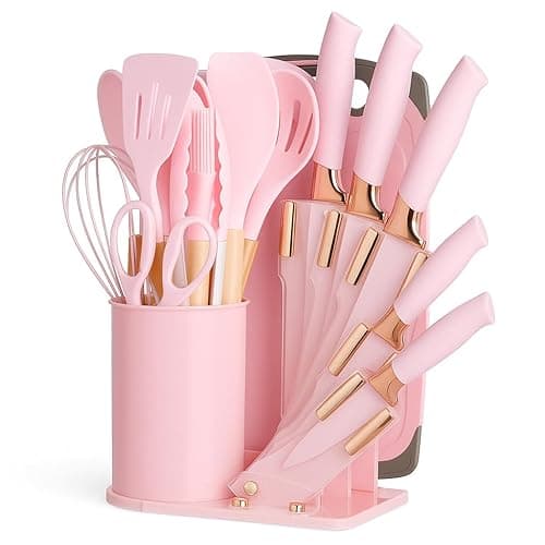 DANFFI 19-Piece Pink Kitchen Utensil Set – Silicone Cooking Tools with Wooden Handles, Non-Stick & Heat Resistant, Includes Knives, Scissors & Cutting Board – BPA-Free Kitchen Accessories - Image 1