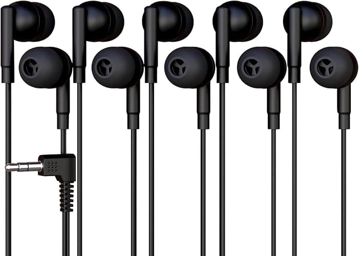 5 Pack Bulk Wired Earbuds, In Ear Headphones with 3.5mm Jack, 4ft Tangle Free Cable, Comfortable Fit, Affordable and Cost Effective, Ideal for School Classroom Testing Students Events Groups, Black - Image 1