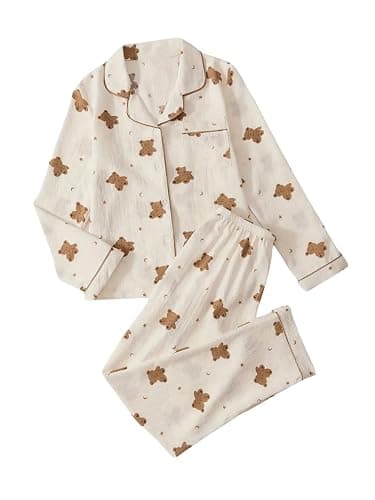 BEAUDRM Women's 2 Piece Pj Set Cherry Print Pajama Long Sleeve Button Up Collar Tops and Pants Nightwear Sleepwear Lounge Set - Image 1