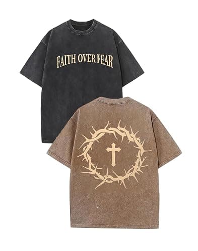 2 Packs Christian T Shirts for Men Oversized Tee Graphic Apparel Acid Washed Baggy Gym Top - Image 1