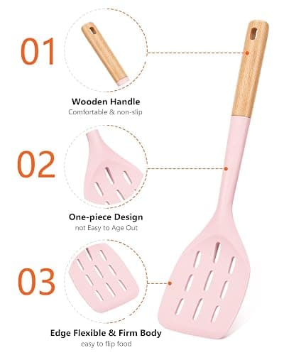Pack of 2 Silicone Spatula, Non Stick Cooking Utensil Set Wooden Handle Kitchen Turner for Baking Mixing Grilling Serving Food Heat Resistant Non Scratch Hooks Included (Pink) thumbnail 3