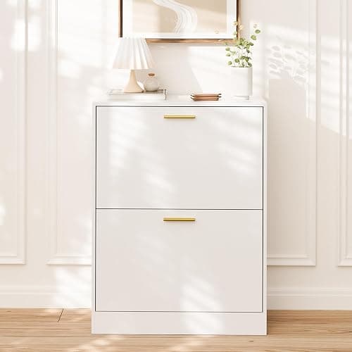 LYNSOM Shoe Cabinet, Free Standing Tipping Bucket Shoe Rack Organizer with 2 Flip Drawers, Modern Entryway Shoe Storage with Top Display, Narrow Slim Hidden Shoe Cabinet (White) thumbnail 3
