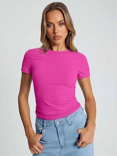 Trendy Queen Womens Basic T Shirts Summer Tops 2025 Crop Short Sleeve Slim Fit Tee Cute Gym Workout Clothes - Medium - Hotpink thumbnail 2
