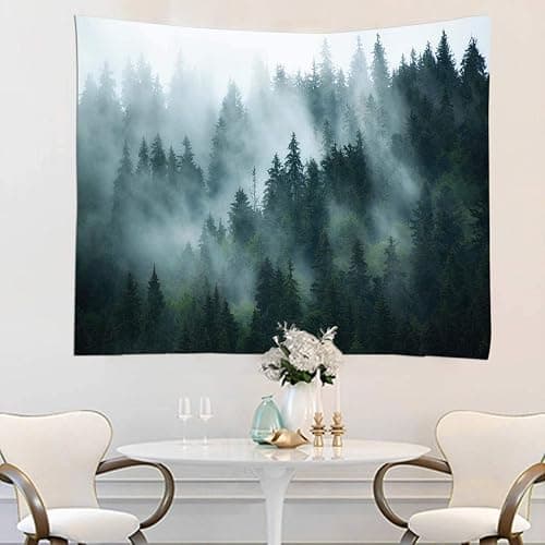 Green Foggy Wall Tapestry W80"xL60", Forest Themed Twilight Decorations thumbnail 6