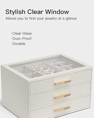 Vlando Jewelry Box for Women, Glass Lid Jewelry Organizer with 3 Drawers for Necklaces Rings Earrings Bracelets Mother Day Gift for Mom - Cloud White thumbnail 7