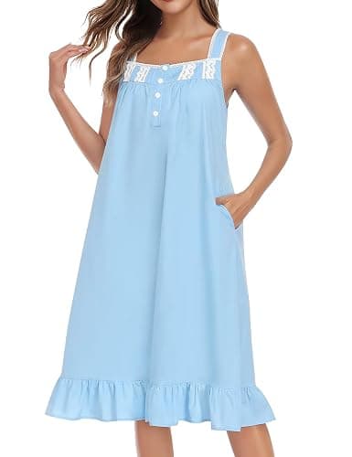 YOZLY Cotton Nightgowns for Women Embroidery Sleeveless Night Gown with Pockets S-XXXL - Image 1