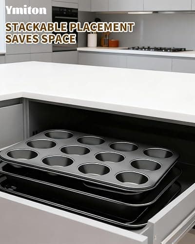 Ymiton Nonstick Bakeware Sets (7 Pcs Baking Sheet, Pans, Rack with 12 Cupcake Liners), Carbon Steel Body, Oven Safe Up to 450°F, Dishwasher Safe, Non Toxic Coating, Easy Release and Clean, Dark Gray thumbnail 7