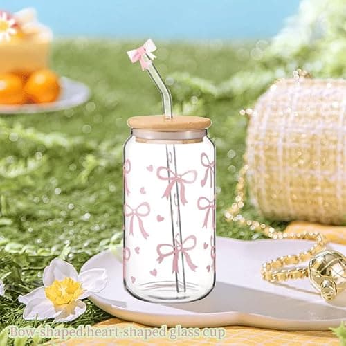 Nymora 2 Bow Glass Cups with Lids and Straws - Glass Tumbler with Straw, Lid and Silicone Covers, Gift for Birthdays, Christmas, Back to School (Bow & Flowers) thumbnail 2