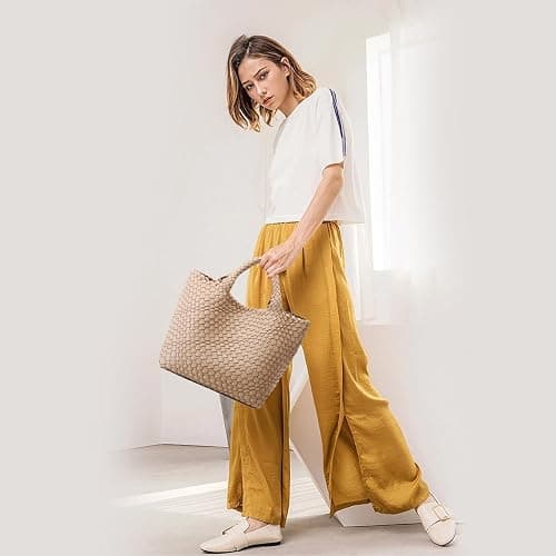 Woven Bag for Women, Vegan Leather Tote Bag Large Summer Beach Travel Handbag and Purse Retro Handmade Shoulder Bag - Apricot thumbnail 2