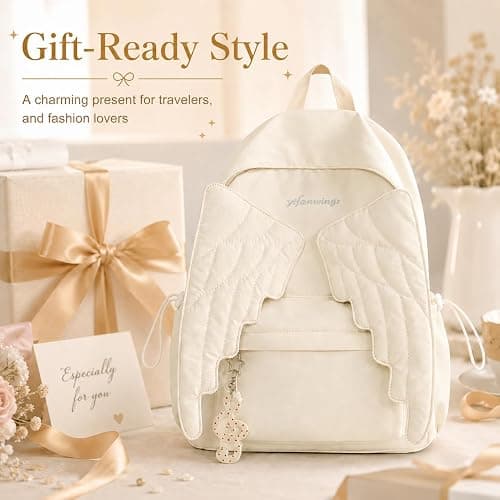 Spacious Angel Wing Travel Backpack Practical Nylon Daypack Roomy Design (White) thumbnail 2