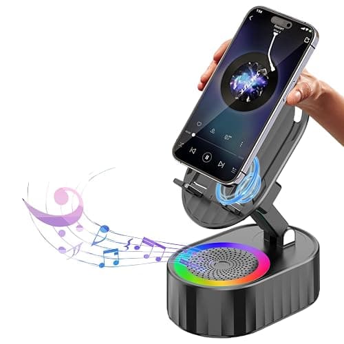 AKLLCCR Wireless Induction Audio Bluetooth Speaker 5in1 Phone Holder Emergency Rechargeable (3000mAh) with Colorful Ambient Light 300° Foldable for Tablet iPhone Android, Gifts for Men Women (Black) - Image 1