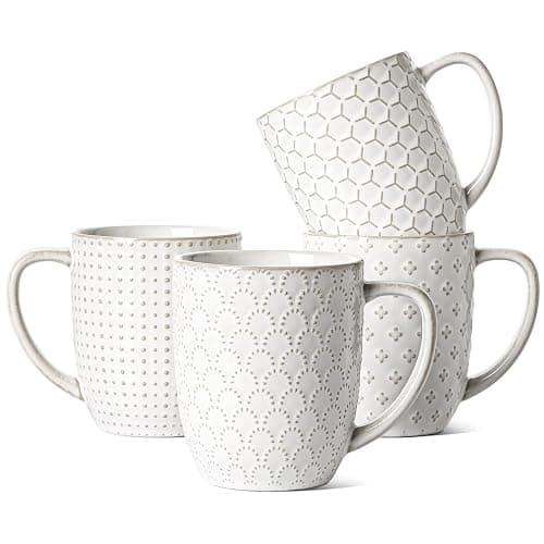 LE TAUCI Coffee Mugs 16 oz,Ceramic Mug Set, Embossment Cups for Latte, Hot Tea, Cappuccino, Mocha, Cocoa, Dishwasher Safe, Suit For Housewarming Wedding- 3.8 inch, Set of 4, Arctic White - Image 1