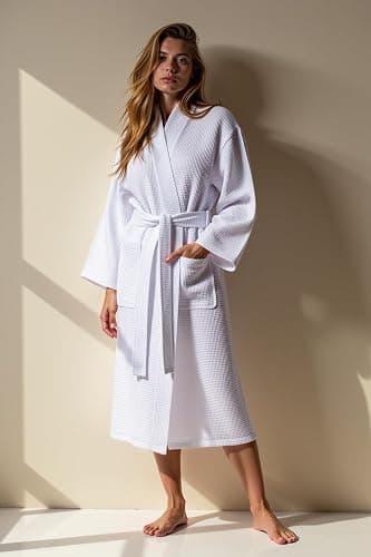 Turquaz Lightweight Waffle Knit Kimono Bathrobe - Soft Cotton Blend Spa Robe, Fast-Drying Full-Length Unisex Robes for Women thumbnail 2
