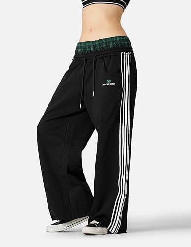 Aelfric Eden Baggy Wide Leg Sweatpants for Women Plaid Patchwork Sweat Pants Loose Long Pants with Pockets thumbnail 2