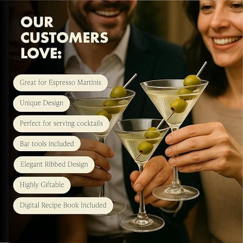 VEMACITY - Ribbed Martini Glasses Set of 4 | Silver Bar Tools - 8oz Cocktail Glasses | Espresso Martini, Margarita, Manhattan, Cosmopolitan - Art Deco Cocktail Gift Set | Ideal for Martinis thumbnail 7