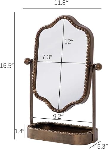 HuiDao Vintage Makeup Mirror with Tray, 360° Rotatable Antique Table Vanity Mirror with Stand, Metal Retro Desktop Dressing Mirror for Home Decor, Countertop, Bedroom, Bathroom, Living Room thumbnail 2