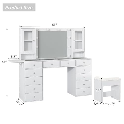 Vanity with Mirror and 10 LED Lights,Vanity Desk with Power Outlet, Makeup Vanity with 12 Drawers and 2 Cabinets, Fold-up Panel, Glass Top Vanity Table with Chair for Bedroom, White thumbnail 2