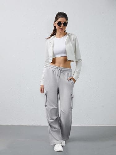 DLOODA Wide Leg Cargo Sweatpants Women Drawstring High Waisted Baggy Sweat Pants Stretchy Cotton Pants with Pockets thumbnail 5