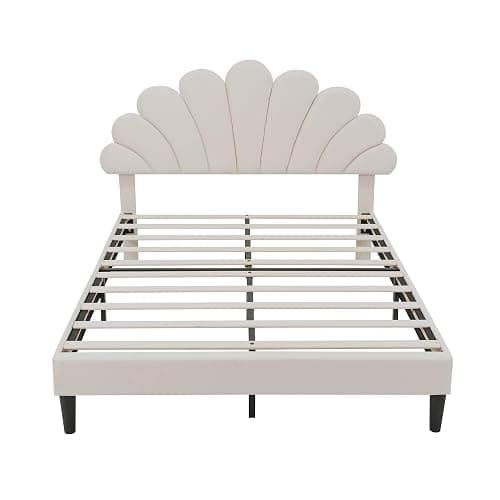 BTM Upholstered Double Bed 4FT6-135x190cm, Double Bed Frame with Adjustable Petal-like Headboard and Solid Wood Slat, Velvet, Beige - 135x190cm - Beige thumbnail 7