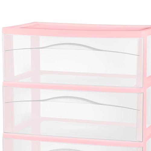 Sterilite 2 Pack Wide 3 Drawer Storage Cart, Rolling Organization, Pink | Clear Plastic Organizer Drawers with Wheels for Craft Supplies, Bath Essentials, or Home Accessories thumbnail 5