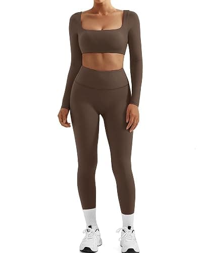 SUUKSESS Women 2 Piece Workout Sets Compression Tummy Control Leggings with Pockets Long Sleeve Square Neck Padded Crop Tops - Image 1