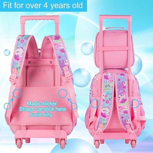 KLFVB Rolling Backpack for Girls Boys, Kids Roller Wheels School Bookbag with Lunch Bag, Wheeled School Bag for Children thumbnail 7