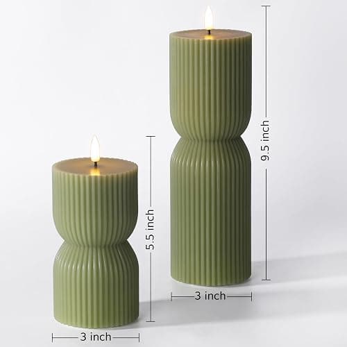 Girimax Olive Green Ribbed Flameless Pillar Candles with Remote, LED Candles Battery Operated Flickering Real Wax Set of 2 thumbnail 2