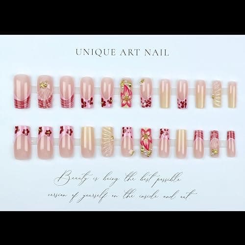 Jremg Flower Press on Nails Medium Long Square Fake Nails with Starfish Pearl Designs French Tip Coffin False Nails Reusable Luxury 3D Floral Acrylic Nails for Women 24Pcs thumbnail 4