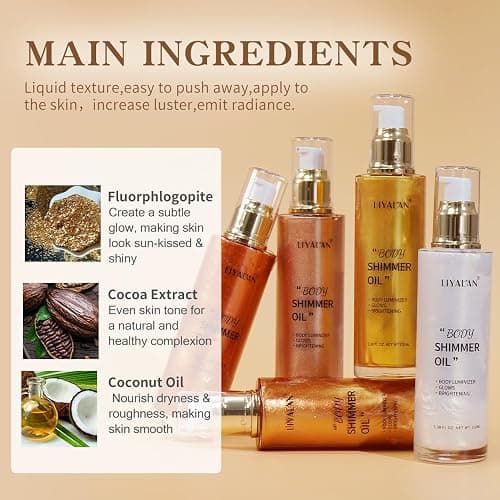 Liyalan Shimmer Body Oil 5 Color Gold 3.38 Fl Oz Face Glow Pearl Highlighter Illuminator Body Makeup Shine Glitter Gold Liquid Taning thumbnail 7