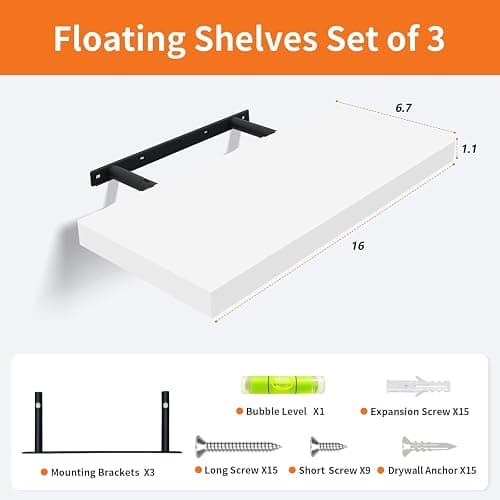 Upassion White Floating Shelves for Wall Set of 3, 16" White Shelves for Home Decor, Frame Display Wall Mounted Floating Shelf for Living Room, Bedroom, Bathroom, Kitchen thumbnail 3