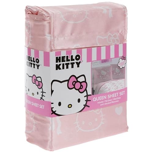 Hobby Lobby Hello Kitty Queen Sheet Set, Pink, White, Includes 1 Flat Sheet, 1 Fitted Sheet, 2 Pillowcases, Bows, Hearts, Strawberries thumbnail 2