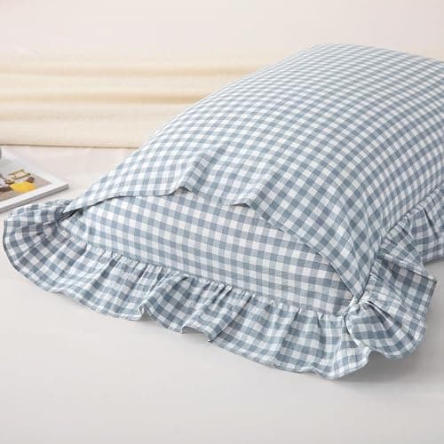 Silnuo Light Blue Plaid Ruffle Pillow Shams Queen Size Set of 2,Washed Cotton Shabby Checkered Gingham Pillow Covers 20x30 Inches thumbnail 4