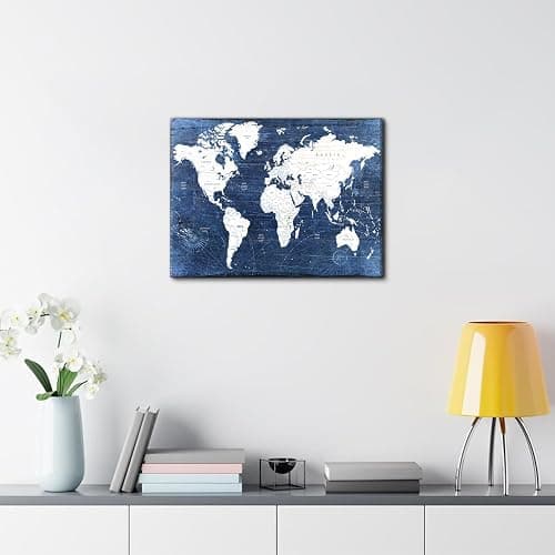 World Map Canvas Wall Art Modern Office Pictures Decorations World Maps for Living Room Wall Decor Retro Global Map Poster Navy Blue Framed Painting Artwork Home Bedroom Decoration 12x16” thumbnail 4