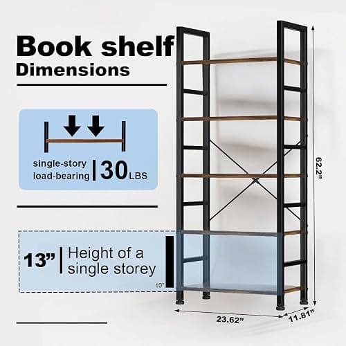 ZEUKMXOO 5 Tier Bookshelf, 62'' Tall Book Shelf, Free Standing Vintage Book Storage Shelves, Wood Bookcase Organizer for Bedroom, Living Room and Home Office, Vintage thumbnail 3