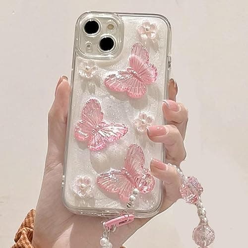 Changjia for iPhone 17e/16e Glitter Butterfly Case,Cute Girly 3D Flower Floral Crystal Pearl Bling Sparkle with Wrist Strap Chain Soft TPU Aesthetic Women Girls Phone Case for iPhone 17e/16e 6.1",Pink thumbnail 8